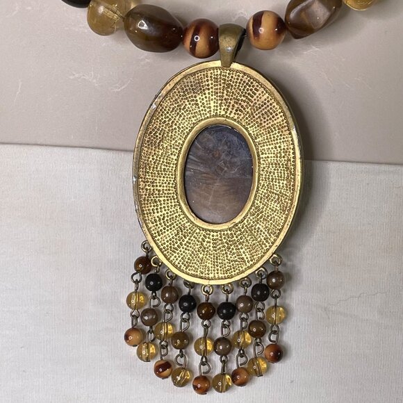 Tigers Eye Oval Pendant Necklace Choker Agate Stone Jewelry Vintage u - Picture 5 of 6